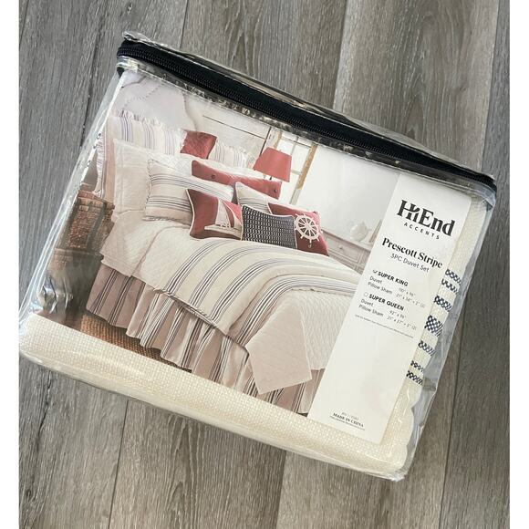 New Hiend Accents Prescott  White Navy Blue Stripe Super King Duvet Set - Picture 1 of 3